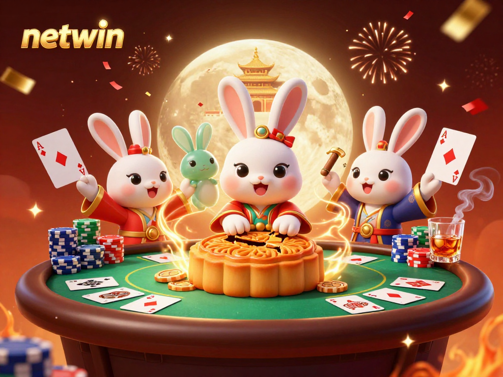 Experience netwin's vibrant casino atmosphere with playful moon rabbits and poker elements.