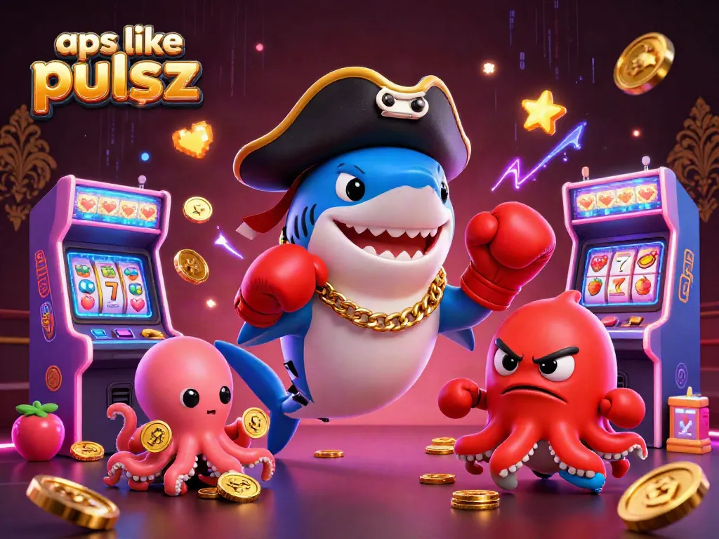 Engage with apps like pulsz and dive into thrilling slots featured in a lively 3D casino scene.