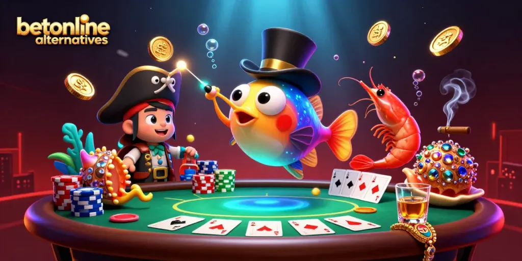 Engage with betonline alternatives at this vibrant casino scene featuring poker elements and playful sea creatures.