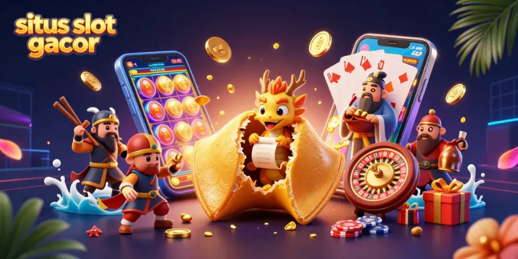 Engage in situs slot gacor with a vibrant, animated 3D scene showcasing a golden fortune cookie and dynamic casino elements.