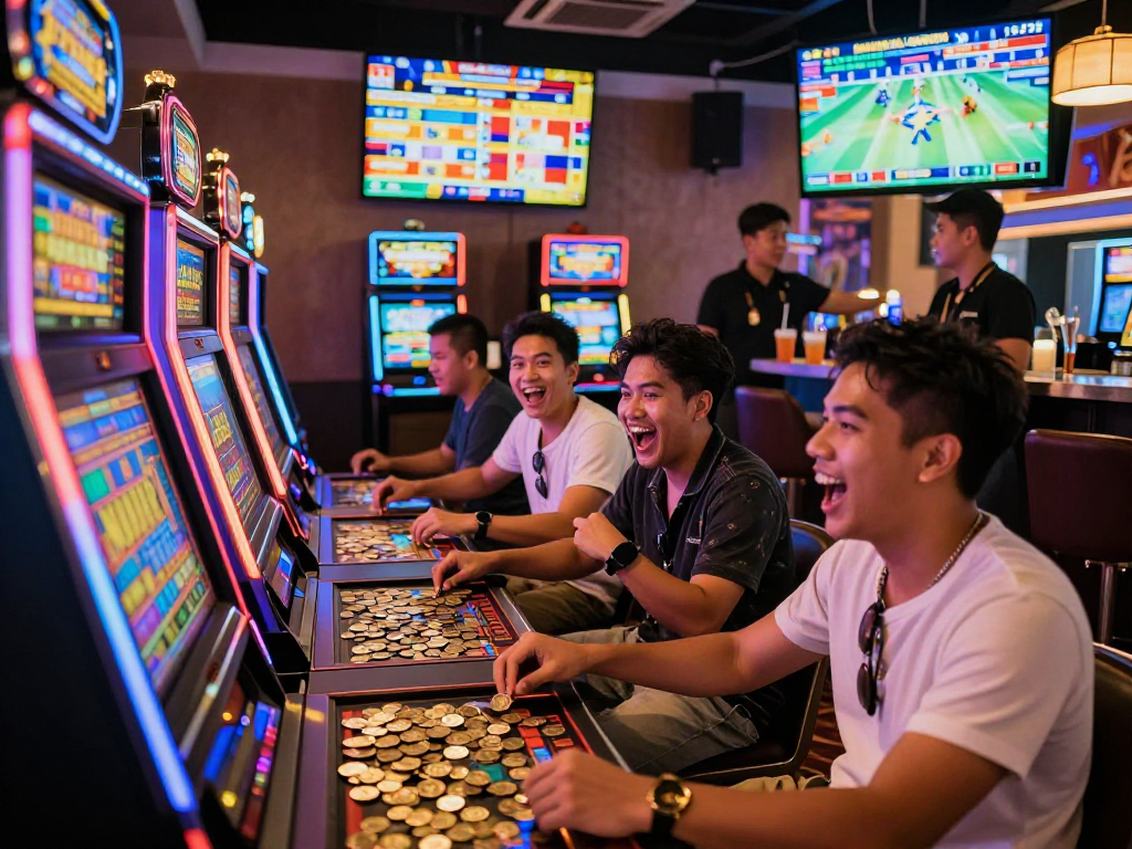 Slot Thailand: Pemain slot yang bersemangat di kasino Thailand yang cerah.