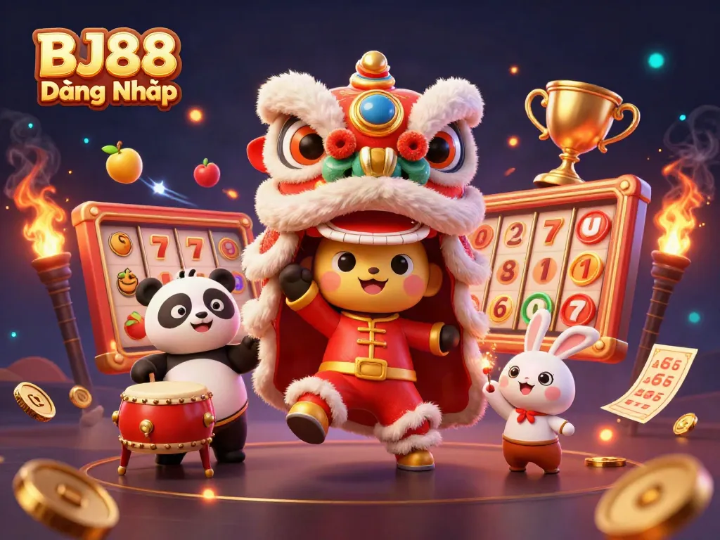 Experience the excitement with BJ88 Đăng Nhập, showcasing vibrant casino elements and festive characters.