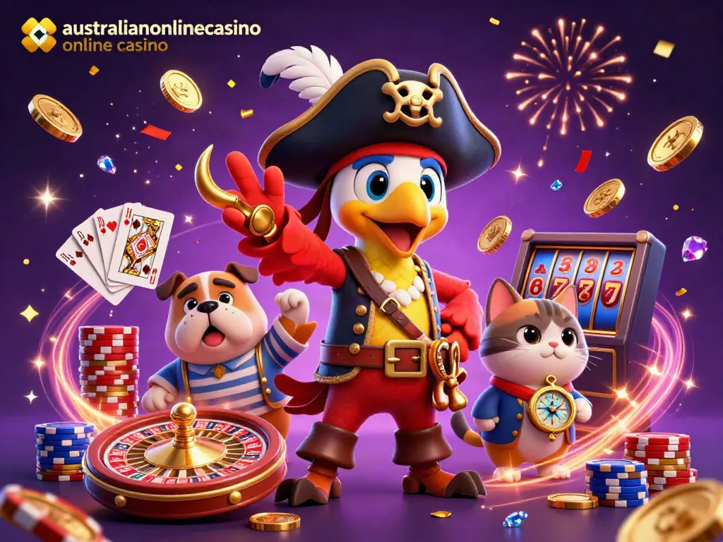 Experience gaming excitement with the colorful 3D scene of australianonlinecasino online casino featuring animated characters and casino elements.