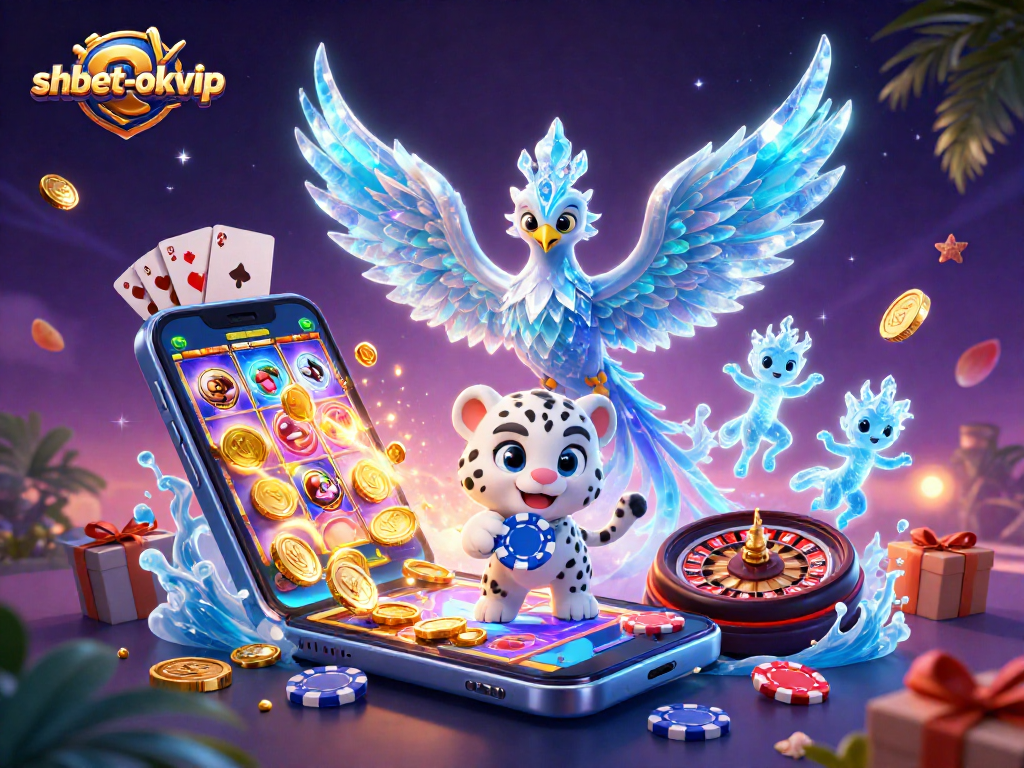 Experience the vibrant world of shbet-okvip with ice phoenix and playful cub amidst casino excitement and magical elements.