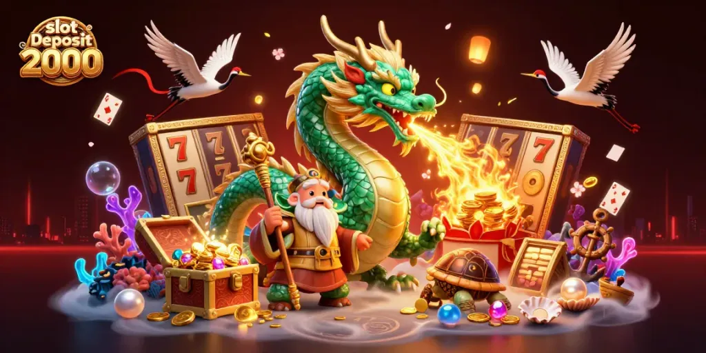 Experience big wins with slot deposit 2000, featuring a vibrant 3D casino scene full of luck and excitement.