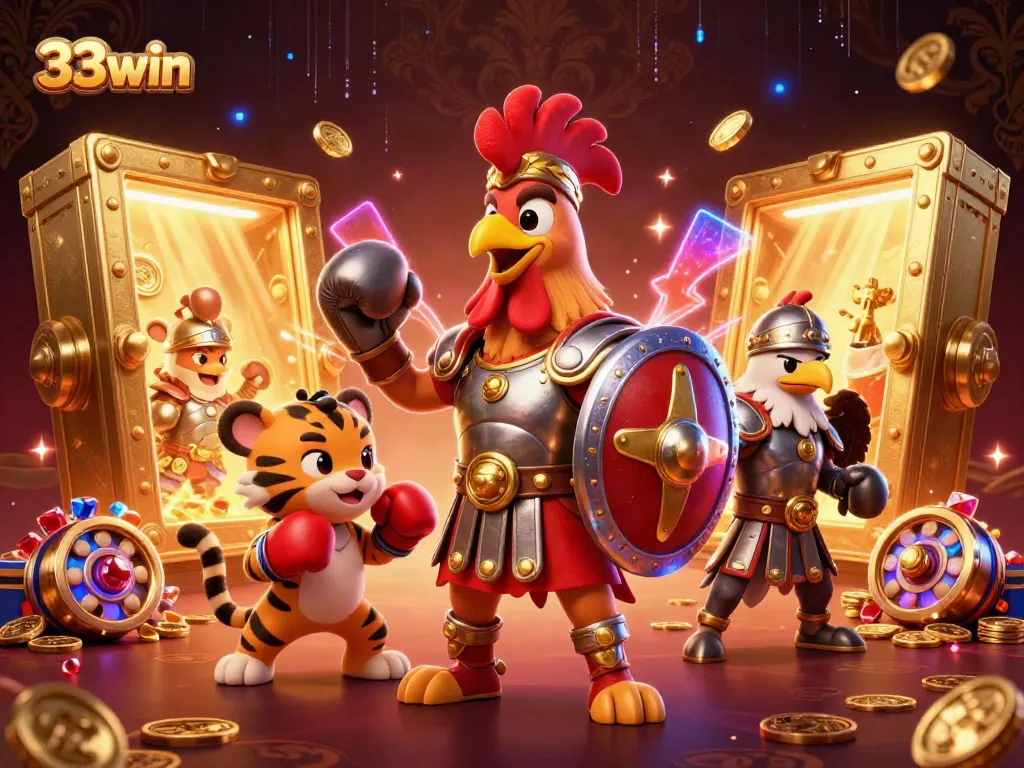 Engage in thrilling online casino action with 33win featuring a gladiator rooster and lively gaming elements.