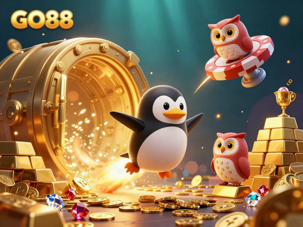 Experience the excitement of GO88 as a golden penguin launches into a vibrant casino universe filled with treasures.