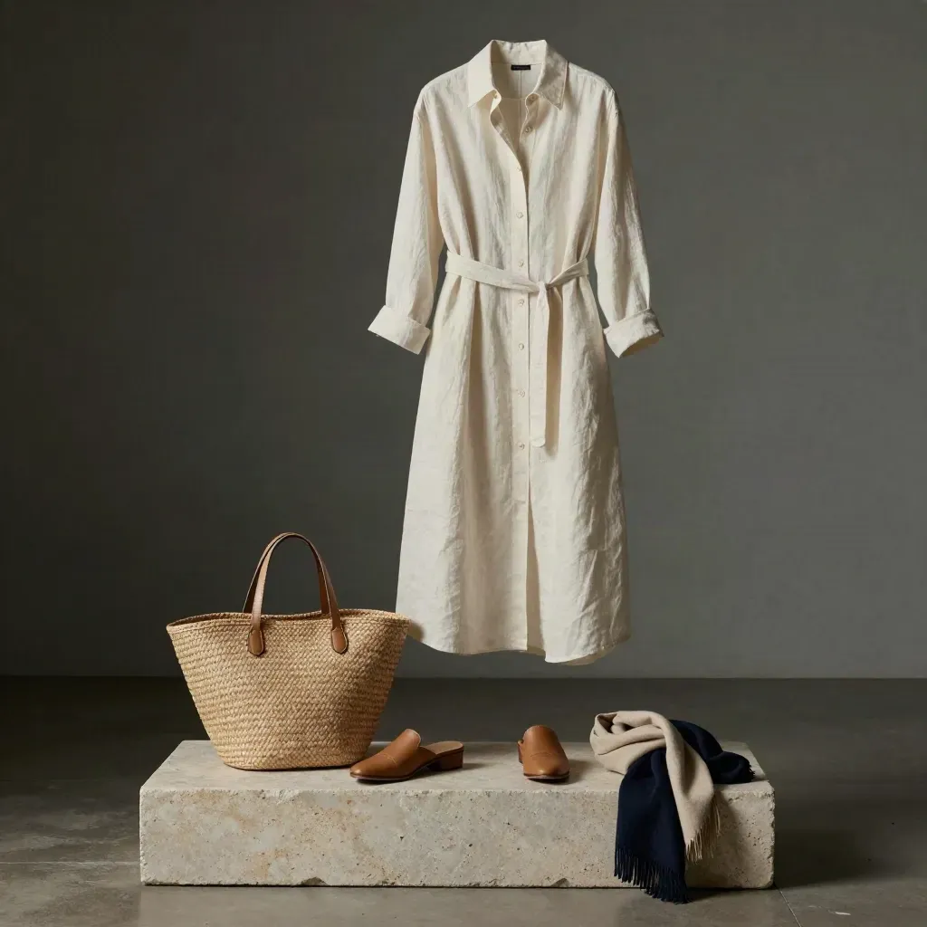 Ivory linen shirt dress on a plinth with mules, tote and scarf in soft post-rain light.
