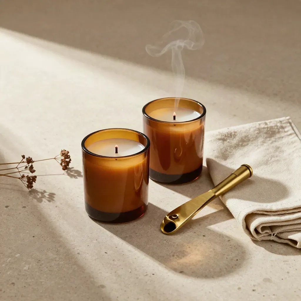 Amber candle set with brass trimmer, linen napkin, and dried stems on travertine.