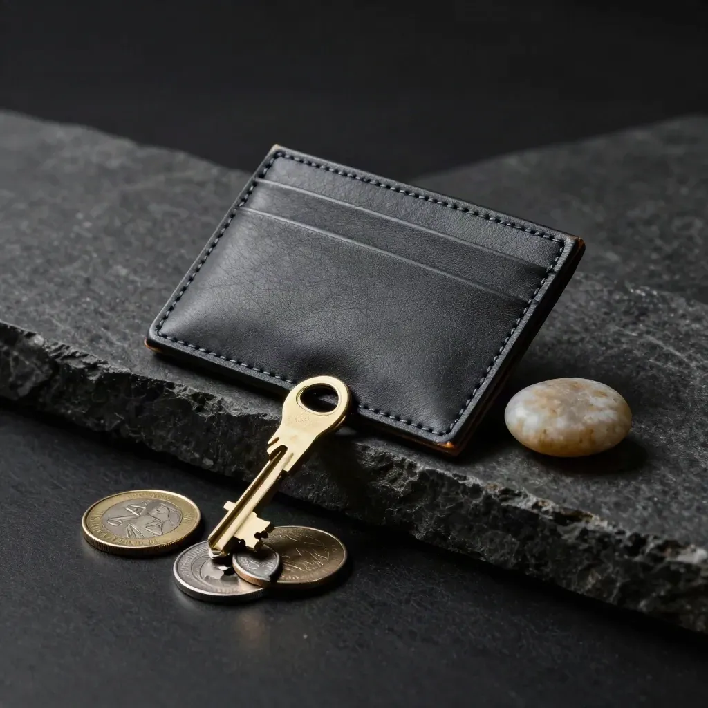 Charcoal leather card holder with brass key, coins and pebble on a dark stone ledge