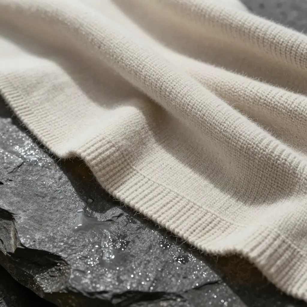 Ivory cashmere scarf macro over wet dark stone with mist and raking light
