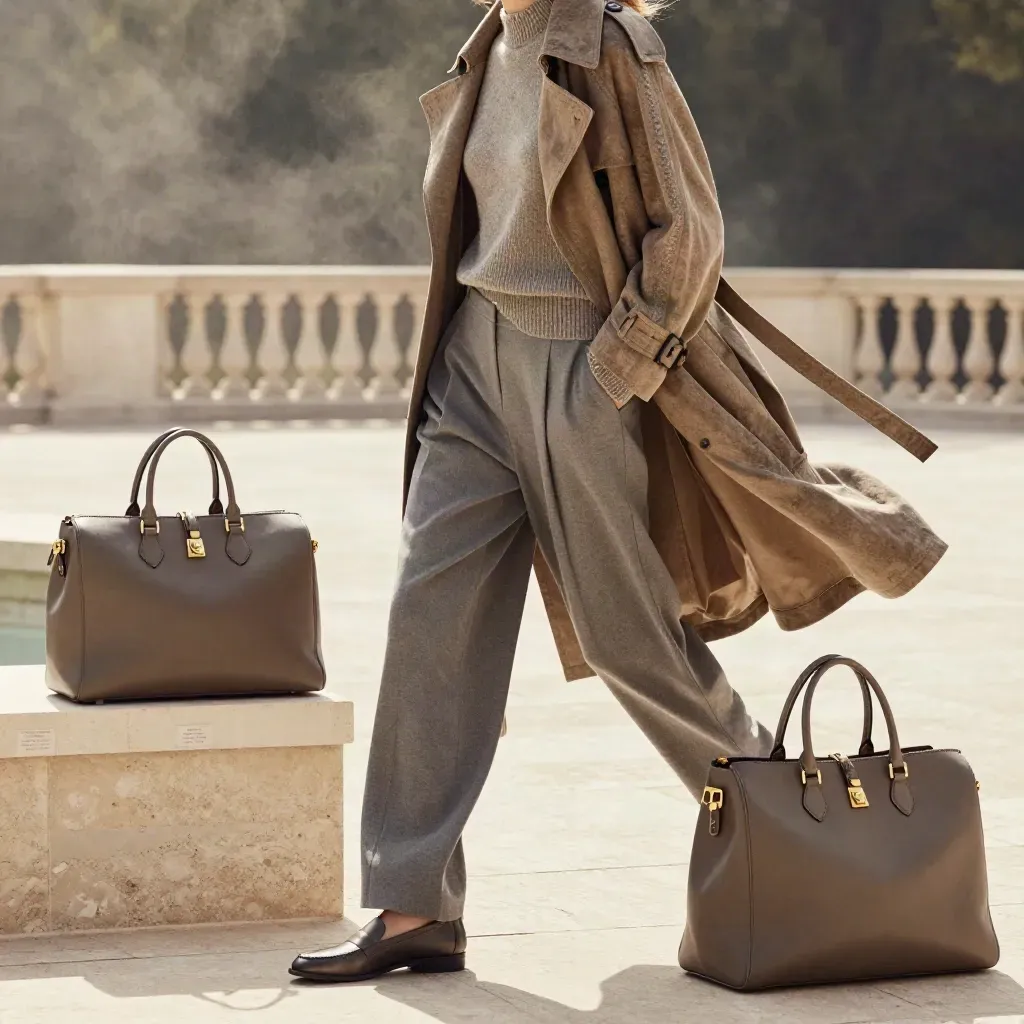 Camel knit set with trench coat, loafers, and tote on a limestone terrace.