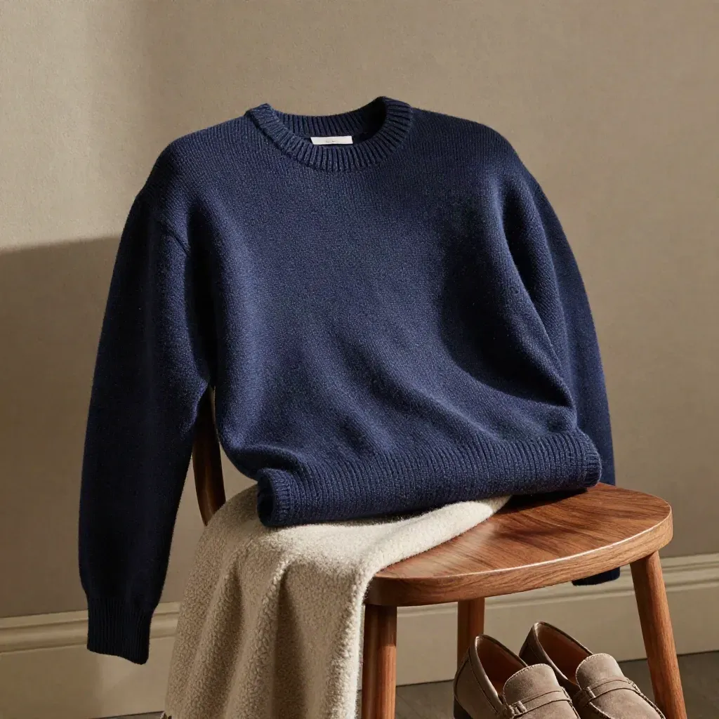 Soft navy sweater folded on a chair with throw and suede loafers in a refined room.