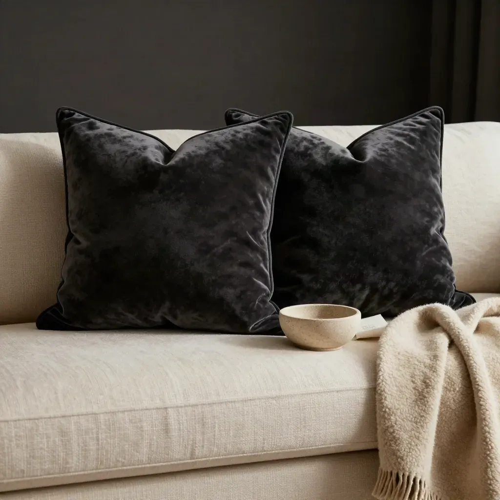 Charcoal velvet cushions stacked on a pale sofa rail with a wool throw and ceramic bowl.