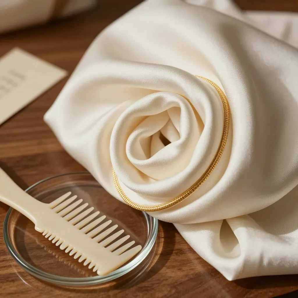Ivory silk hair wrap spiral with comb and glass dish on warm walnut, top-down macro.