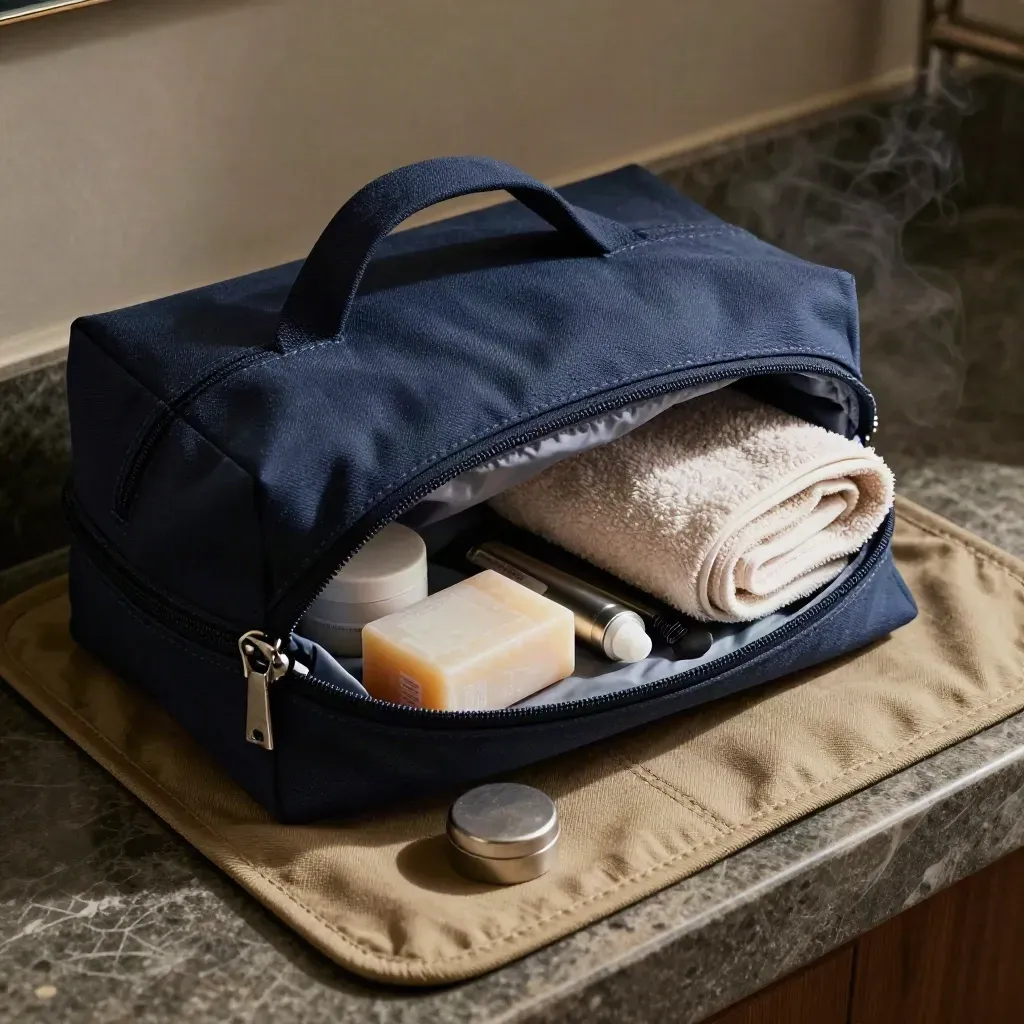 Open navy travel wash bag with towel, soap, and toiletries on a dark stone bench with steam.