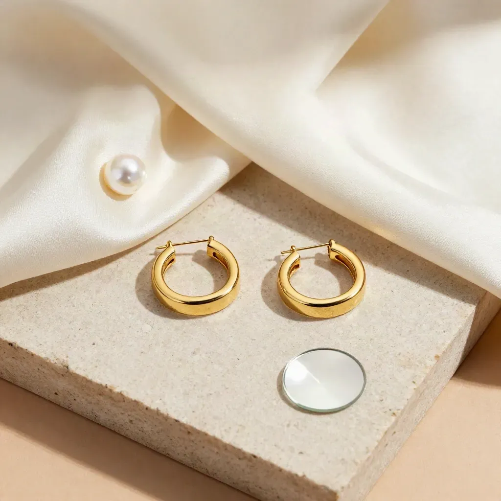 Gold hoop earrings on ivory silk with a pearl button and small mirror, top-down close-up.