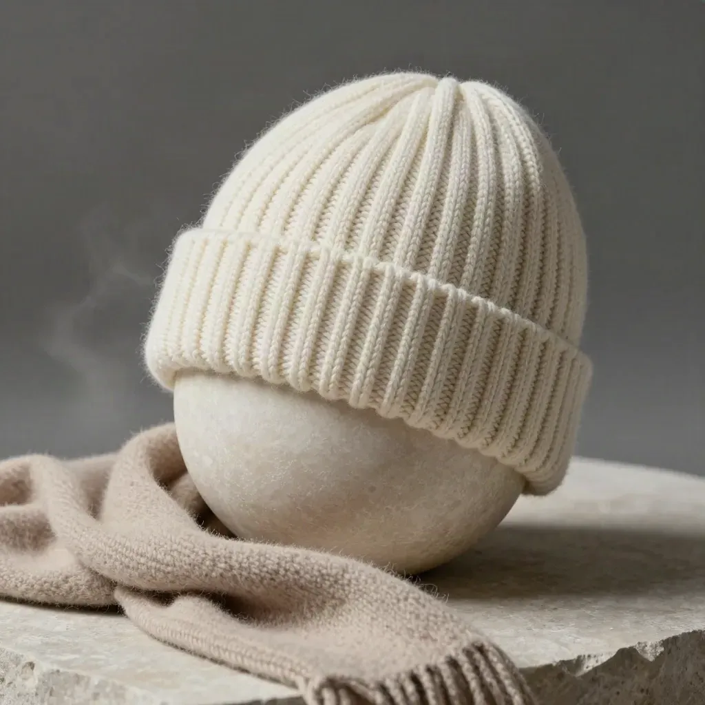 Ivory ribbed knit beanie draped over a stone sphere with a soft scarf in cold mist.