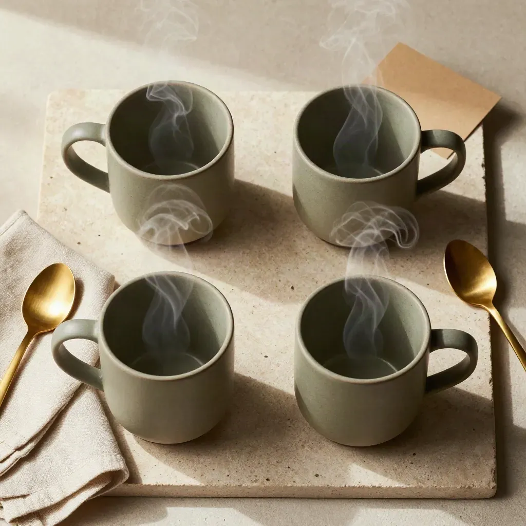 Overhead flatlay of four stoneware mugs with steam, linen napkin and brass spoon.