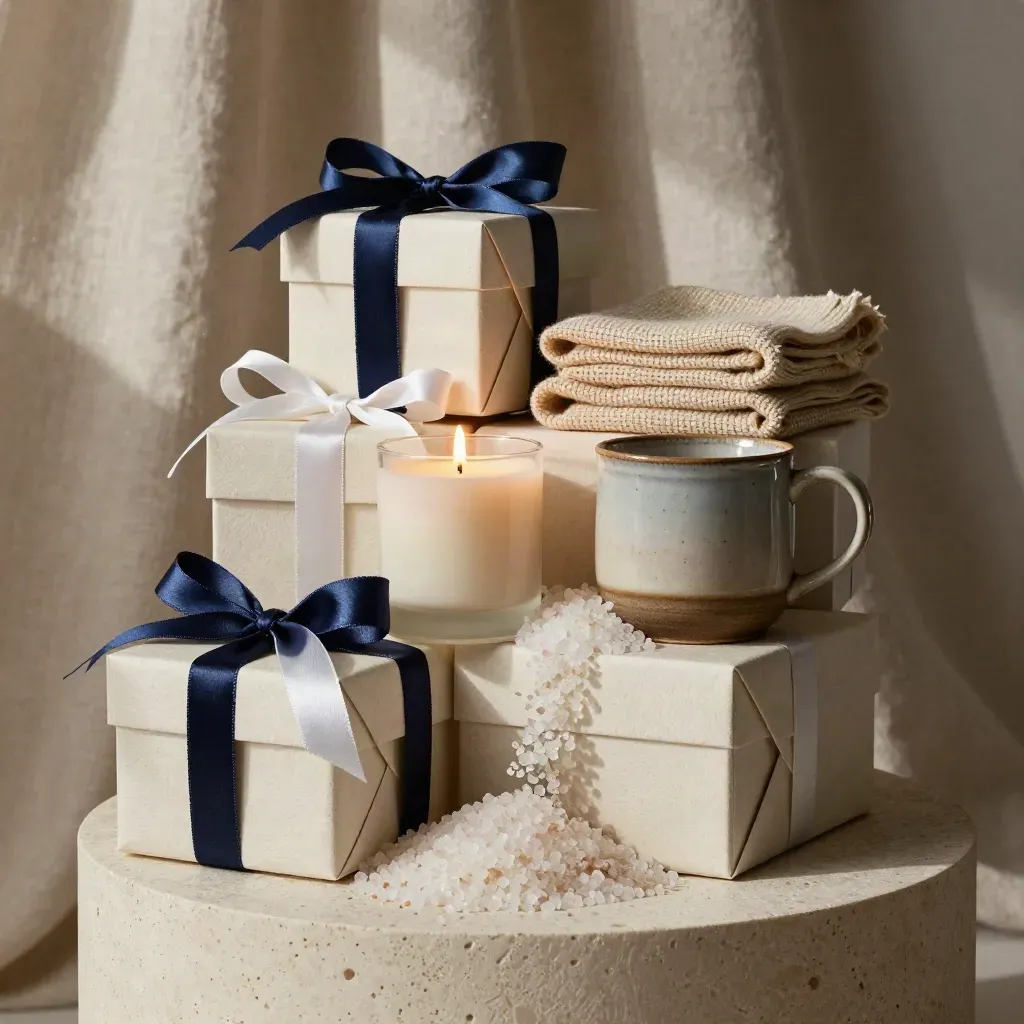 Stacked gift sets with navy and ivory ribbon, candle, scarf, mug and bath salts on travertine.