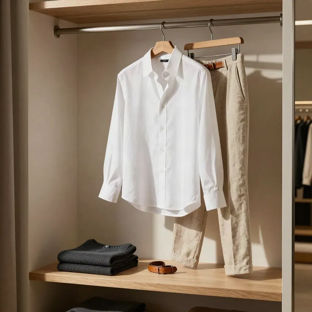 Cotton poplin shirt with linen trousers and leather belt in a sunlit boutique nook.