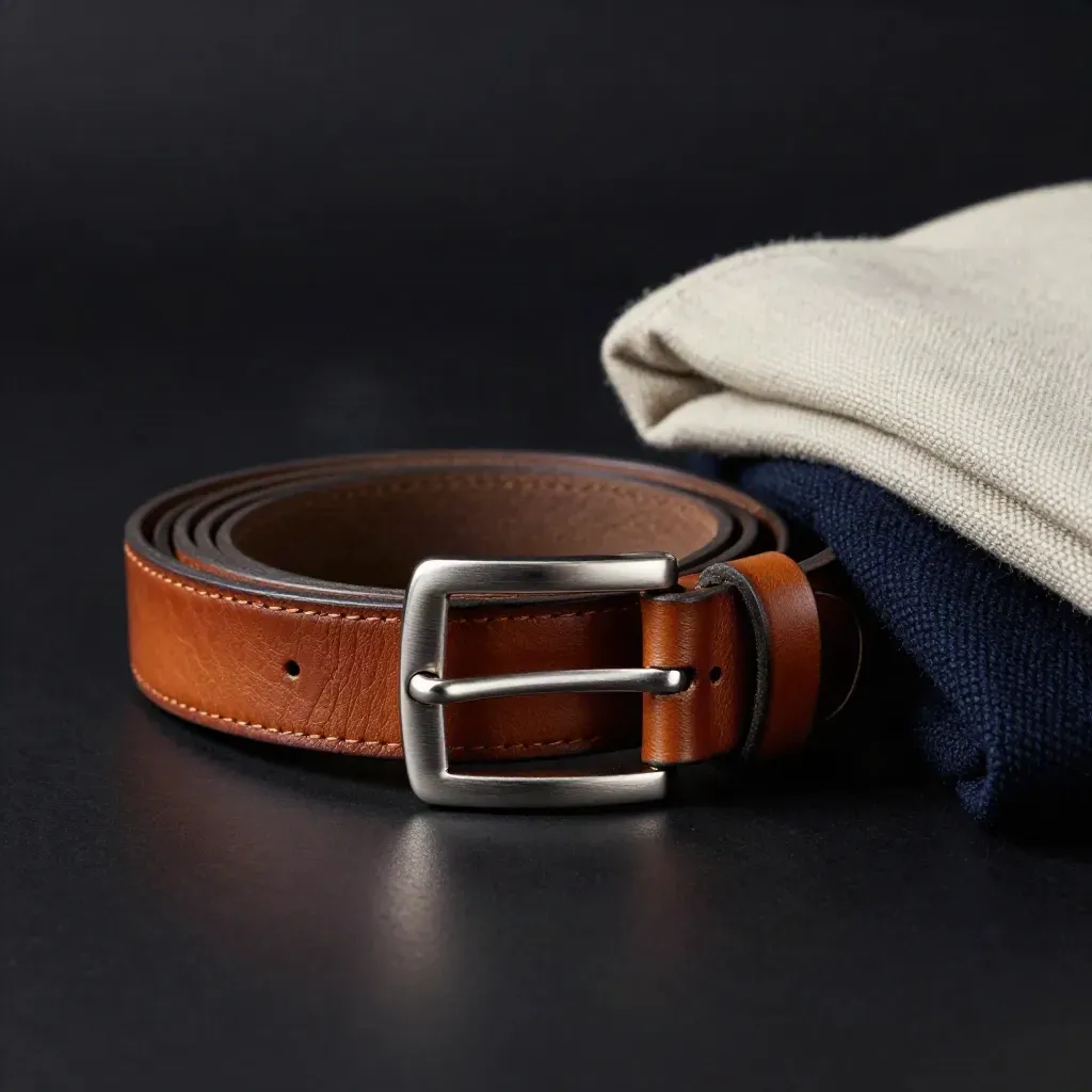 Slim leather belt with silver buckle beside wool and jacket cuff in a dark dramatic studio.