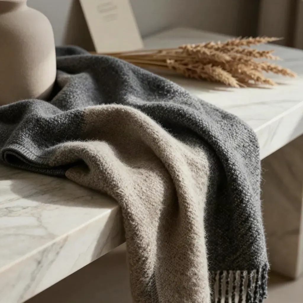 Macro of a charcoal wool throw on marble with a ceramic vessel and dried grass.