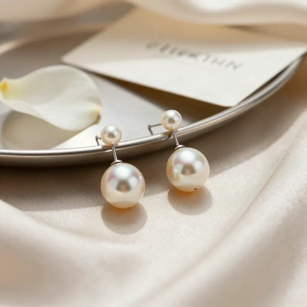 Pearl drop studs on ivory silk with a brushed metal tray and one petal