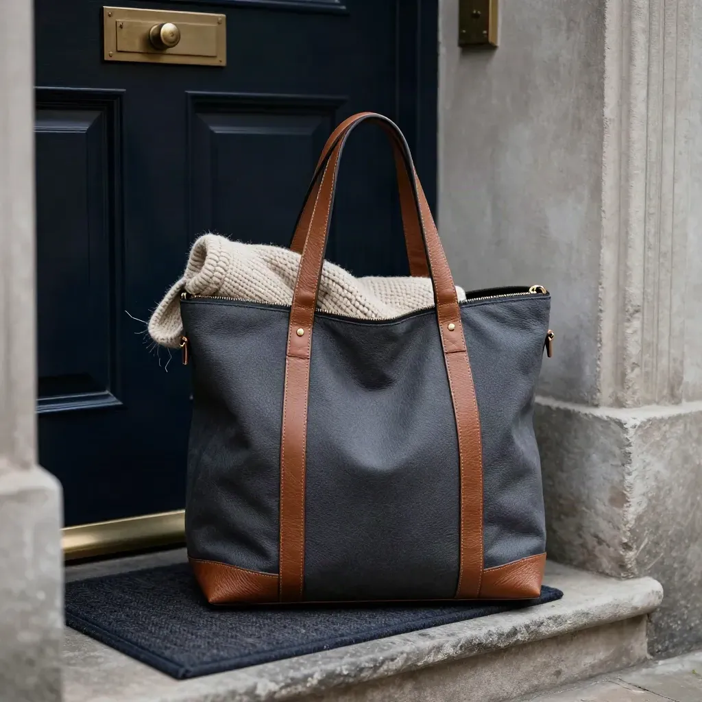 Luxury zip tote bag packed with knit and leather pouch at a doorway in soft dramatic light