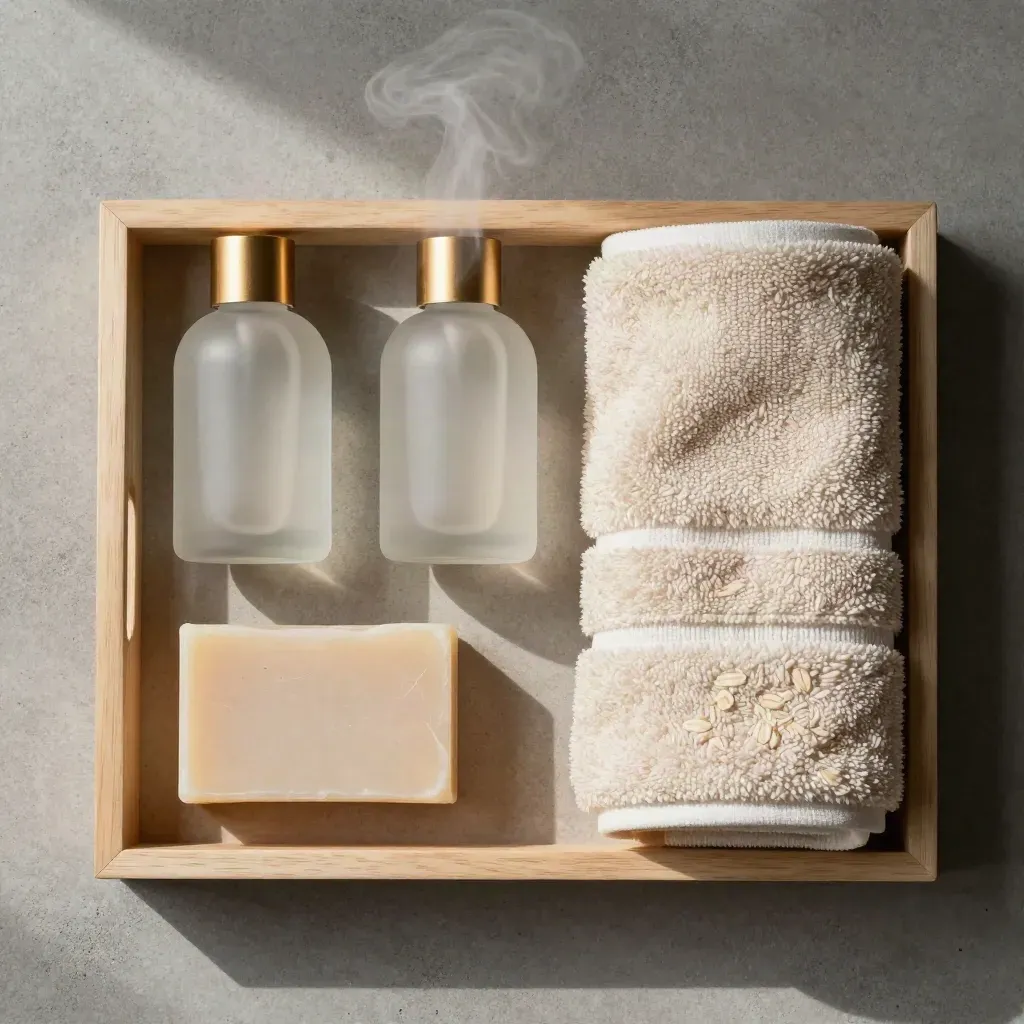 Overhead spa gift set flat lay with frosted bottles, soap, towel, wooden tray, and soft steam on concrete.
