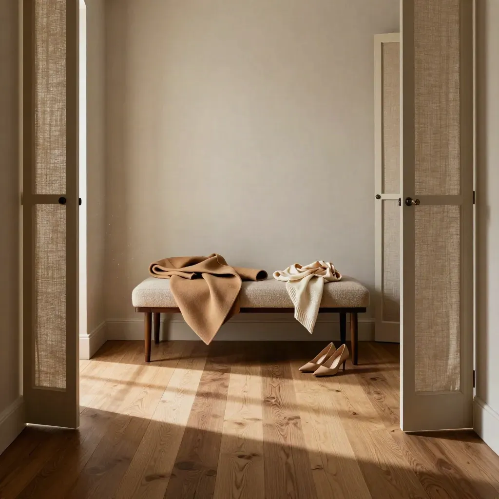 Sunlit dressing-room corner with bench, coat, knitwear and open shutters.