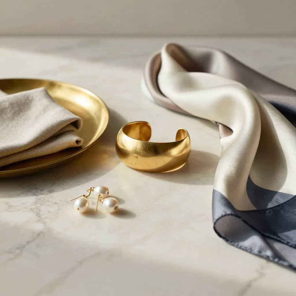 Gold cuff, silk scarf and pearls on veined marble beside brass tray in soft light.