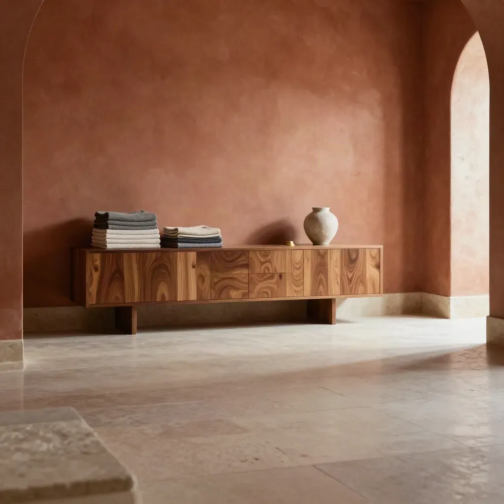 Arched gallery interior with cedar console, folded textiles, and warm sunlit shadows.
