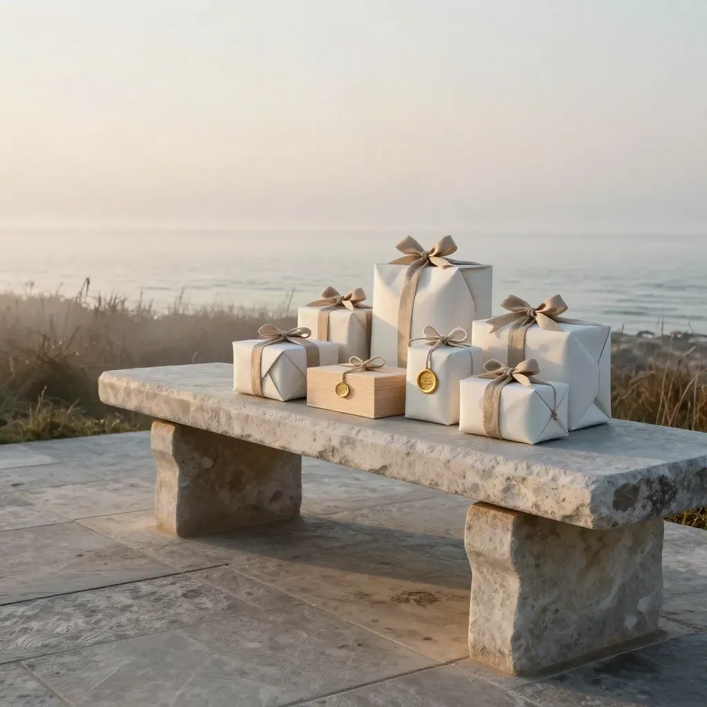 Ivory gift parcels on a misty coastal stone bench above a pale horizon at dawn.