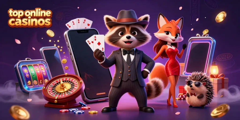 Experience top online casinos with a raccoon in a suit, fox lady, and hedgehog bouncer in a vibrant casino world.