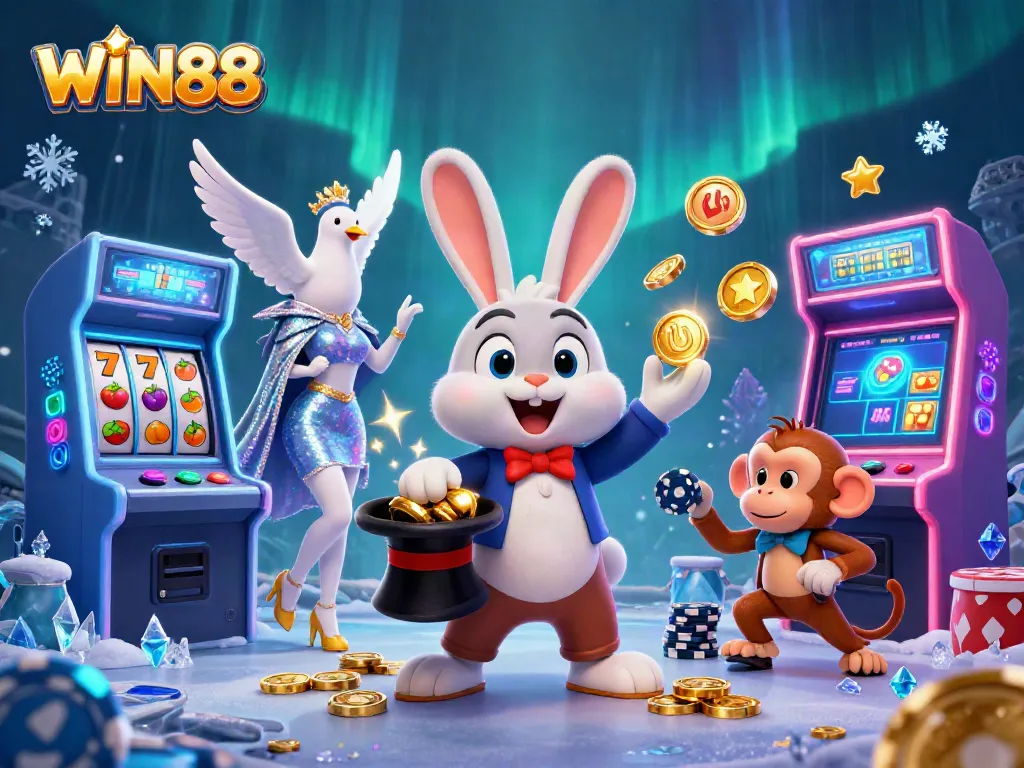 Experience the excitement of WIN88 with a cartoon magician rabbit, golden coins, and casino elements.