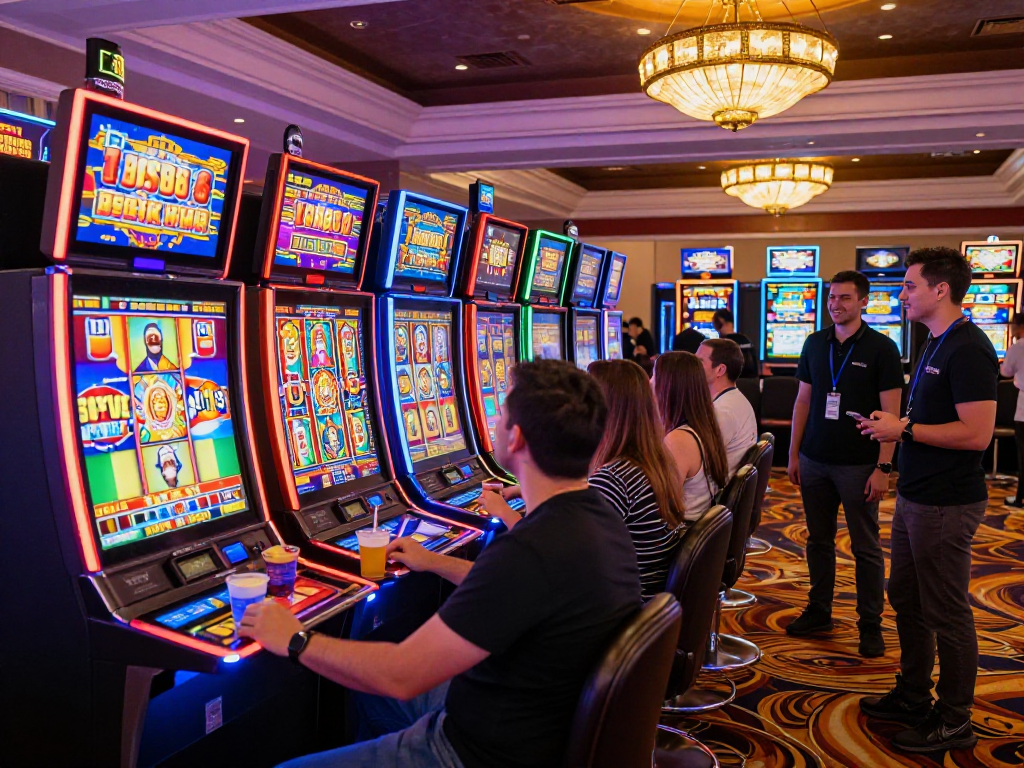 Pemain slot bos88 yang antusias beraksi di area kasino dengan mesin slot berwarna-warni dan suasana ceria.