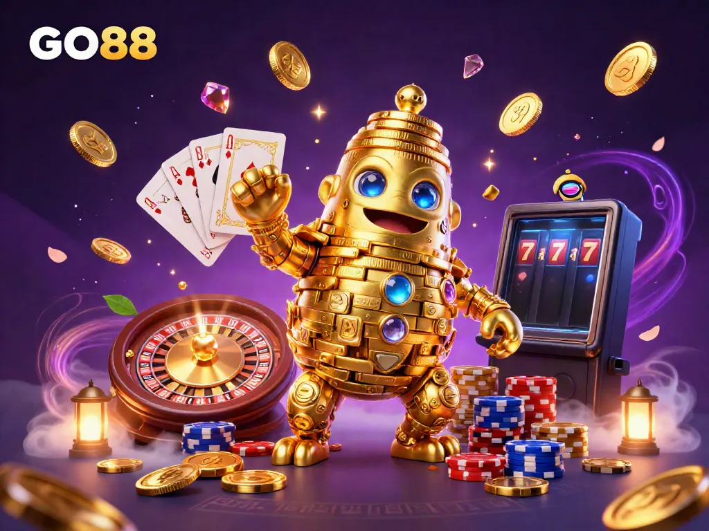 Experience the excitement of GO88 gaming with a vibrant 3D scene showcasing golden golems, casino elements, and dynamic action.