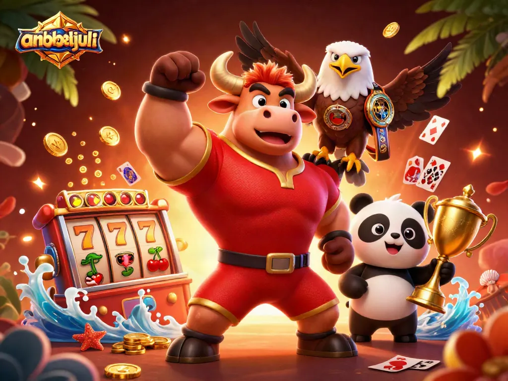 anabulbetjuli menghadirkan keseruan jackpot dengan simbol keberuntungan dan karakter ceria dalam sebuah ilustrasi kasino yang dinamis