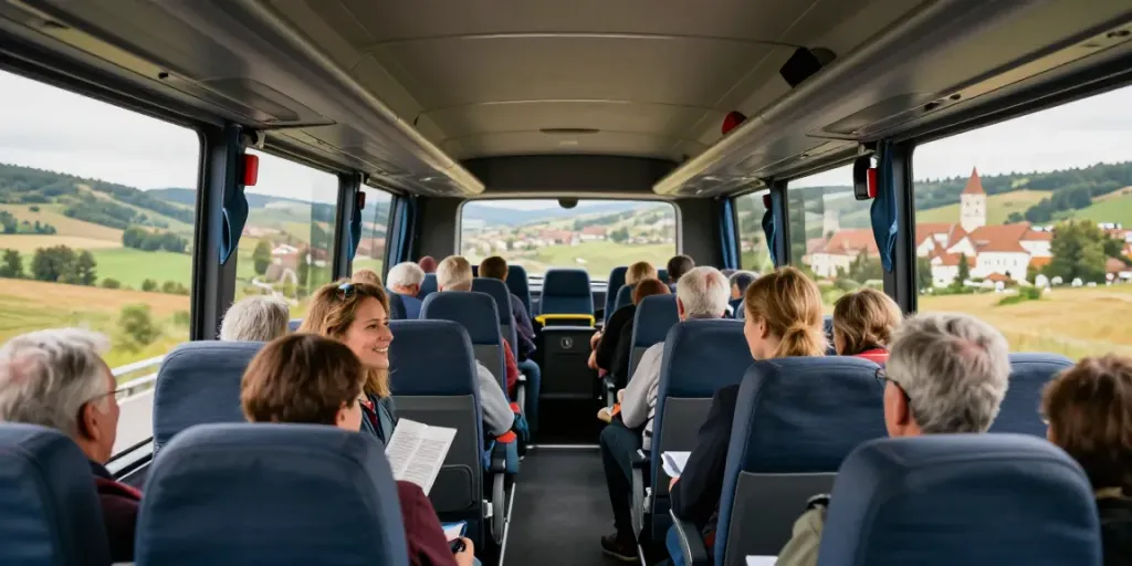 Curse regulate cu autocarul în Europa, călători confortabili în autocar admirând peisajul european.