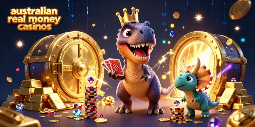 Experience thrilling gameplay at australian real money casinos with dinosaurs shuffling cards and stacking chips.