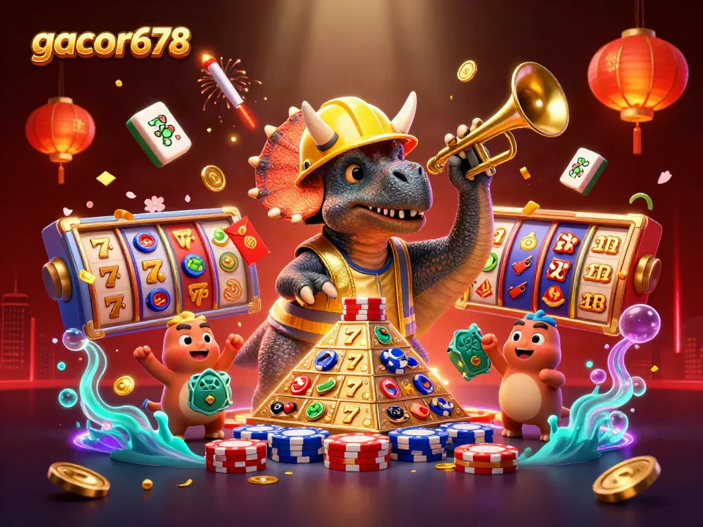 Join the excitement with gacor678 as playful characters celebrate winnings surrounded by festive casino elements.