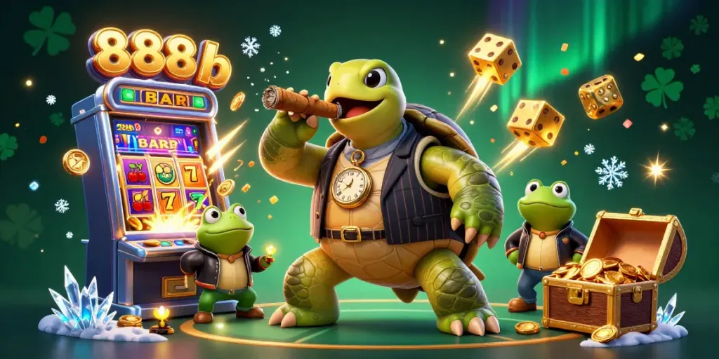 Engage with 888b as you explore thrilling slot machines and treasure chests in an animated casino scene.
