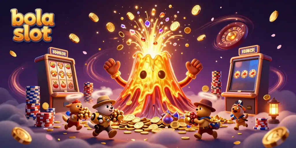 Bola slot scene depicting excitement with a volcano spewing gold, explorer animals, and vibrant game elements.