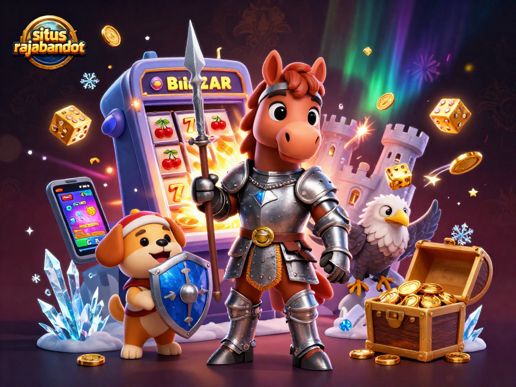 Situs rajabandot menampilkan keseruan mesin slot 3D dengan karakter ksatria abad pertengahan dan simbol kemenangan.