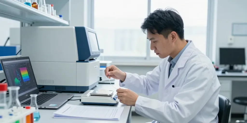 Scientist measuring tesofensine for sale in a modern laboratory setting.