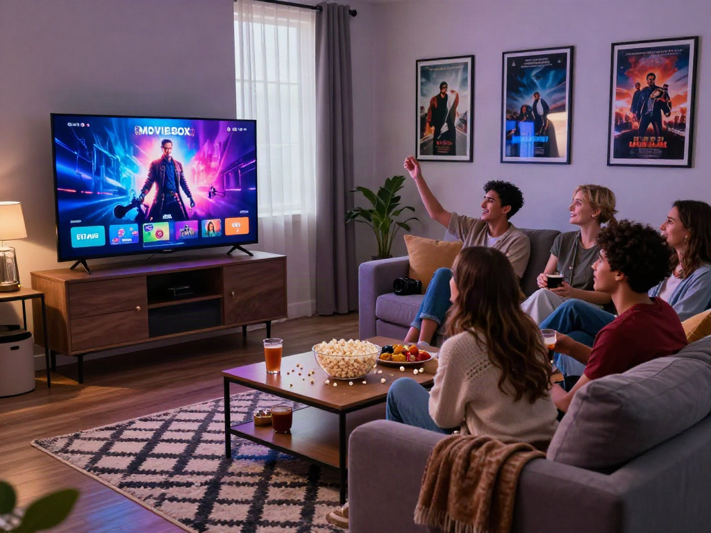 Enjoy a movie night with friends using the Moviebox app download displayed on a smart TV.
