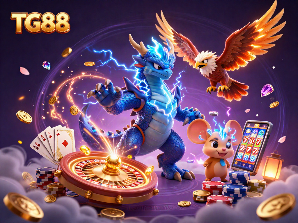 TG88 celebrates thrilling casino action with a dynamic scene of a dragon, hawk, and thunder mouse.