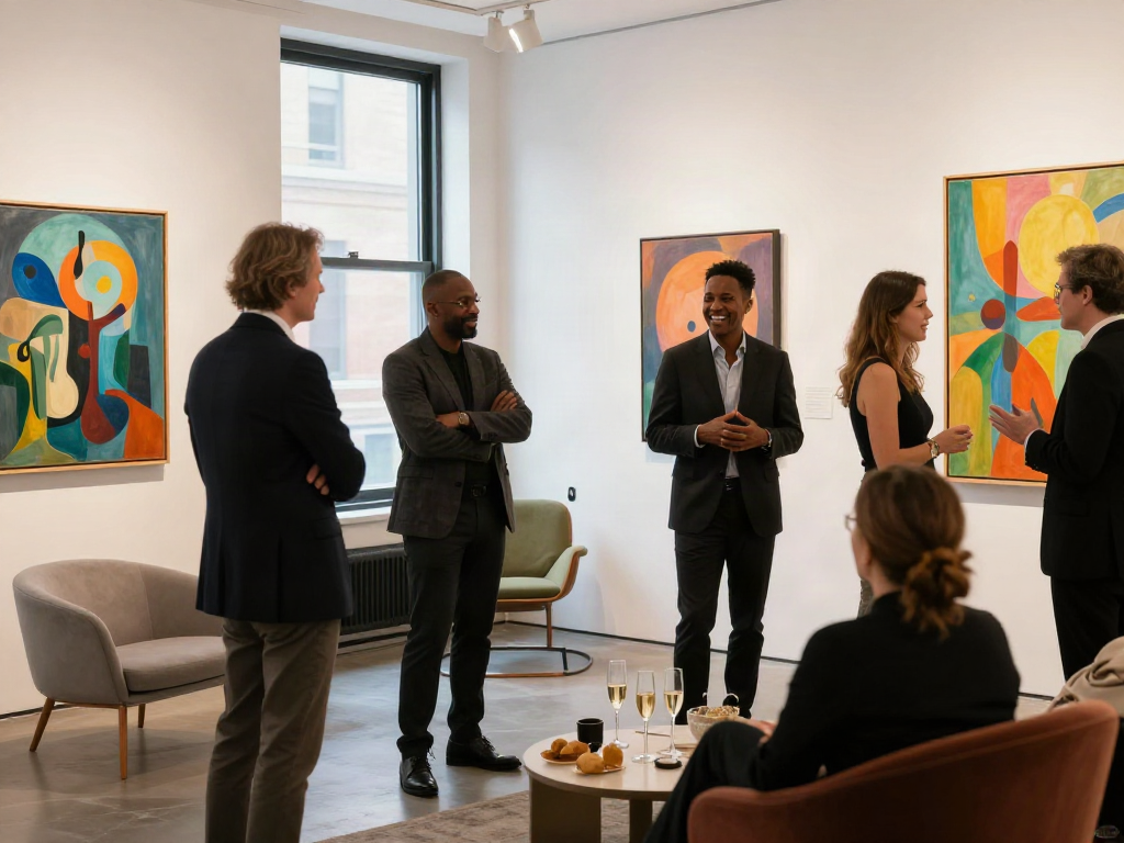 Bruce Bailey Toronto engaging in conversation at a contemporary art gallery event surrounded by vibrant artwork.