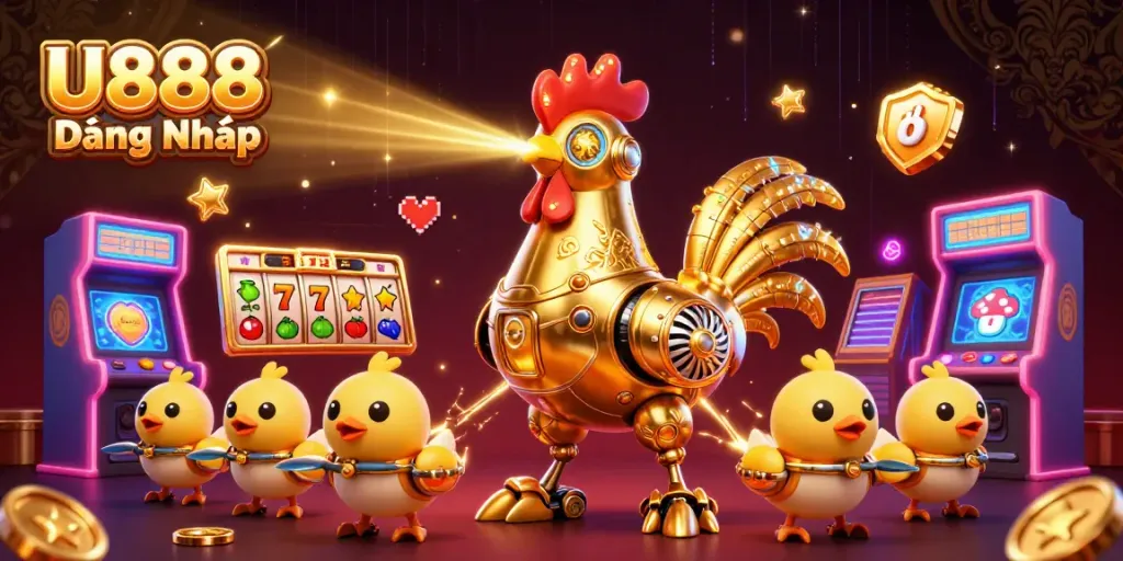 Experience U888 Đăng Nhập with a vibrant 3D casino scene featuring golden rooster robots and arcade elements.